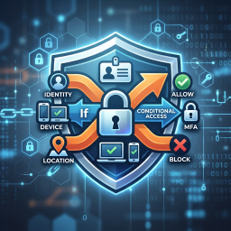 Conditional access security diagram with identity, device, location inputs leading to allow or block decisions, and MFA.