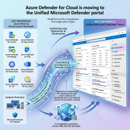 Diagram showing Azure Defender for Cloud moving from old framework with disconnected workloads to new unified Microsoft Defender portal